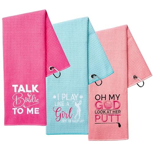 VERSRH Microfiber Golf Towels Clip – 3-Pack Embroidered Pattern Towels for Golf Bags, Pink Rose Blue Golf Accessories for Women, Mother's Day Birthday Retirement Gifts for Golfer - Image 1
