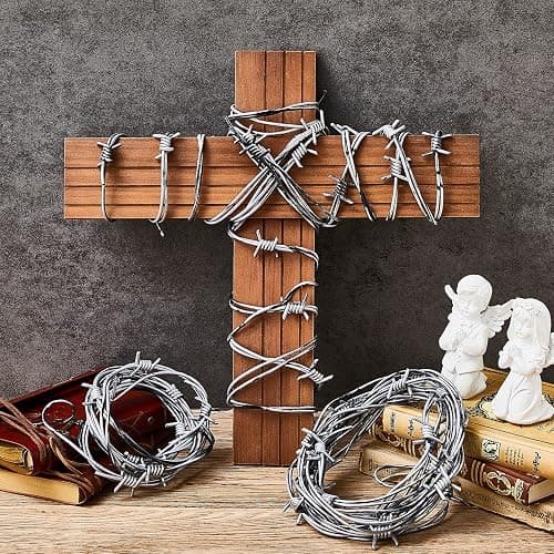 Taiyin 4 Pcs 32.8 Foot Faux Barbed Wire, Silver Plastic Prop Decor | Fake Barbed Wire for Halloween Zombie Horror Party, Western Cowboy Birthday Wreath Ornaments, Realistic Prop Decor thumbnail 7
