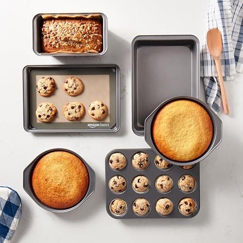 Amazon Basics 6 Piece Nonstick, Carbon Steel Oven Safe Bakeware Set with Cake, Muffin, Cookie, and Loaf Pans, 6 Piece, 16.25 x 11.75 x 6.25 inches thumbnail 5