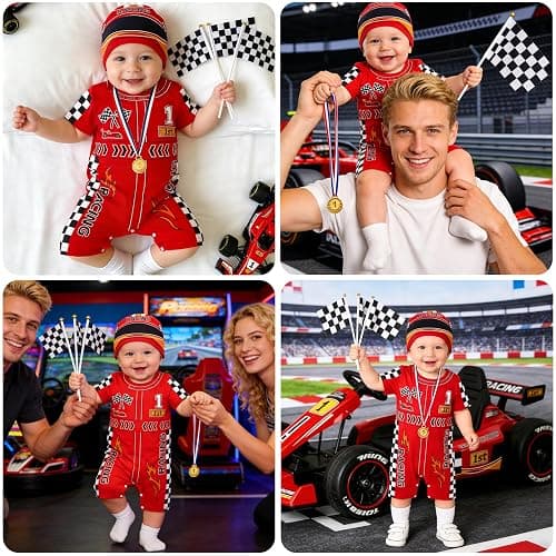 IOFUNOFAN 6pcs Fast One Birthday Outfit Boy, Race Car Driver Costume Toddler First Birthday Outfit Baby 1st -Romper 0-2T thumbnail 6