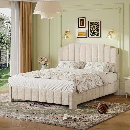 HDDDZSW Queen Bed Frame with Adjustable Headboard, Upholstered Platform Bedframe, Boucle Queen Size Bed Frame, Solid Wood Slats Support White Bed Frame for Bedroom, No Box Spring Needed thumbnail 3