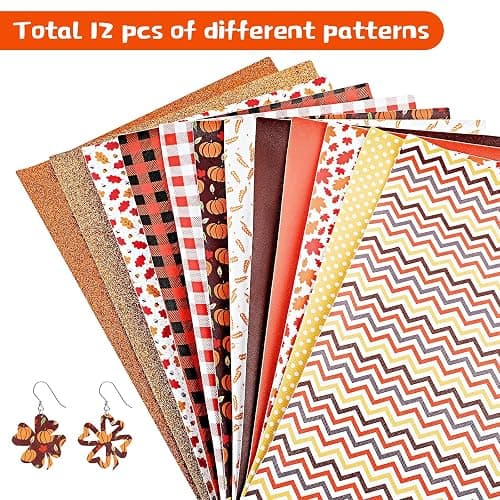 Frienda 12 Pcs Thanksgiving Fall Faux Leather Sheets Fall Leaves Pumpkin Feathers Glitter Leather Sheets Autumn Leather Earring Making Kit for Halloween Christmas Holiday DIY Craft, 7.9 x 11.8 Inch thumbnail 3