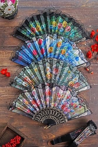 HUNANBANG 1 Dozen 12 Pieces Folding Hand Fans Church Wedding Gift, Party Favors, DIY Decoration Gift Size9 Adults Only Wholesale 12pack (Spanish 12 Pack) thumbnail 5