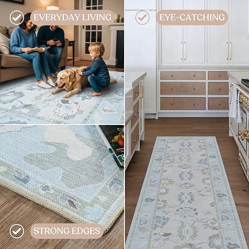 Fame Living Cream Blue Oushak Rug, Modern, Vintage, Turkish, Eclectic, Floral, Pastel, Washable, Area Rugs for Living Room, Dining, Bedroom, Office, Entryway, Foyer, Playroom, Nursery, 5'x6'9" thumbnail 4