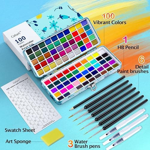 Caliart Watercolor Paint Set, 100 Colors Portable Travel Water Color Palette Kit with Detail Paint Brush, Art Supplies for Painting Coloring, Christmas Gifts for Artist Adult Teen Girls Boys Beginners thumbnail 2