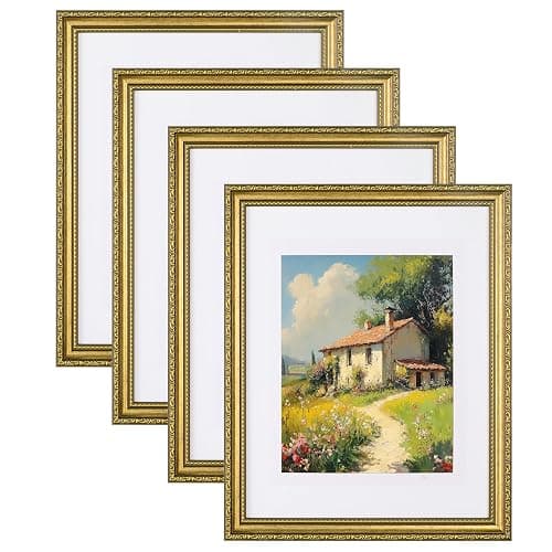 eletecpro 11x14 Picture Frames Set of 4, Vintage Photo Frame with Glass, Gold Frames 11 x 14 Display 8x10 Photo with Mat or 11x14 without Mat for Tabletop or Wall Decor, Gold - Image 1