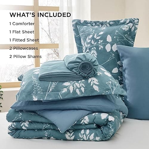 Bedsure Queen Comforter Set - 7 Pieces Floral Mineral Blue Soft Bedding Sets, Queen Bed in a Bag with Botanical Flowers Comforter, Sheets, Pillowcases & Shams thumbnail 8