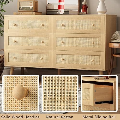 HUANLEGO Rattan Dresser for Bedroom, Modern 6 Drawer Dressers & Chest of Drawers, Natural Boho Dresser with Handles Wood Storage Organizer Modern Dressers for Closet, Hallway, Office thumbnail 6