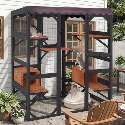 GUTINNEEN 71" Large Wooden Catio Outdoor Cat Enclosure with Scratching Posts, Walk-in Cat House with 6 Platforms & 2 Resting Boxes, Window Access, Weatherproof Roof for 2-6 Cats-Black - Image 1