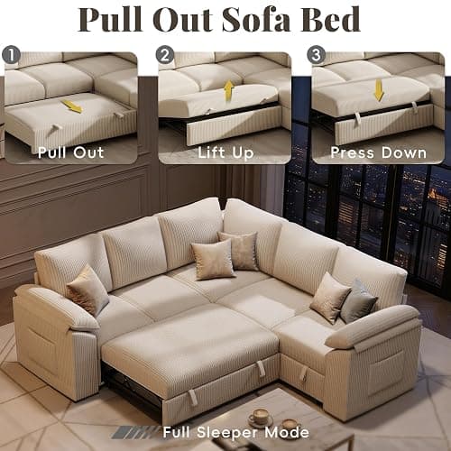 85 Inch Modular Sectional Sofa with Pull Out Couch Bed, L Shaped 5 Seat Sectional Couch with Storage, Corduroy Sectional Couches for Living Room, Cloud Modular Couch, Removable Sofa Cover, Beige thumbnail 8