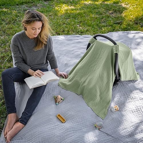 Comfy Cubs Baby Car Seat Cover - Soft, Breathable Bamboo Rayon and Muslin Cotton Blend - Lightweight Canopy for Sun, Bug, and Comfort Protection - Large Size Infant Seat Cover in Sage Design thumbnail 4
