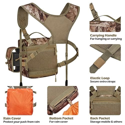 NEW VIEW CamoRanger Ripstop Binocular Harness Chest Pack - Hunting Bino Case, Detachable Rangefinder Pouch, Adjustable Binos Harness, Rain Cover - Tree Camo thumbnail 6