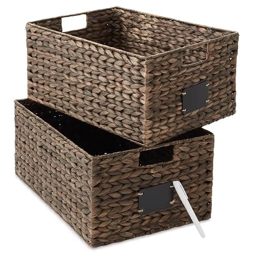 Casafield Set of 2 Water Hyacinth Pantry Baskets, 12-1/2" x 17" x 8", with Chalkboard Labels and Chalk Marker - Espresso, Woven Storage Bin Organizers for Kitchen Shelves - Image 1