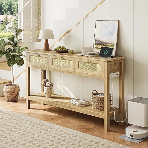 SUPERJARE Rattan Console Sofa Table with Outlets and USB-C Port, 3 Drawer Entryway Table with Synthetic Rattan Surface, Open Shelf, Behind Couch Entry Foyer Hallway Storage, Natural thumbnail 8