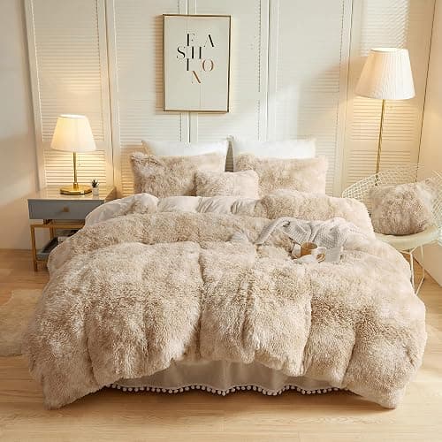 LIFEREVO Luxury Fluffy Faux Fur Duvet Cover Set, Tie Dye Plush Fuzzy Duvet Cover Set(1 Print Shaggy Comforter Cover+2 Furry Pillow Shams) Bedding Set, Zipper Closure(Queen, Light Beige) - Image 1