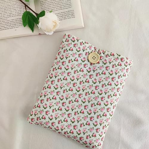 Zosiana Designs Floral Book Sleeve - Elegant Book Cover with Wooden Button, Cotton Padded Protector for Paperbacks & Hardcovers, Ideal for Book Lovers, Durable Design (White & Roses, Large) thumbnail 2