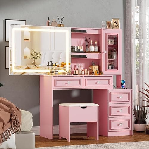 SDMY Vanity Desk with Mirror and Lights, Makeup Vanity Set with 5 Storage Drawers,Power Outlet,Small Dressing Table with Lights 3 Colors,Transparent Top Vanity with Jewelry Organizer for Bedroom,Pink - Image 1