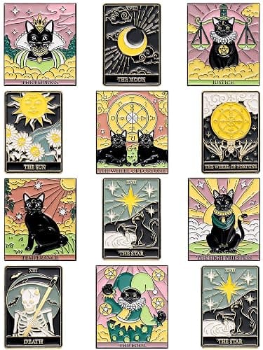 Kacctyen 12 Pieces Tarot Card Enamel Pins Set Divination Lapel Pins Black Cat Lapel Badge for Backpacks Bag Clothing - Image 1
