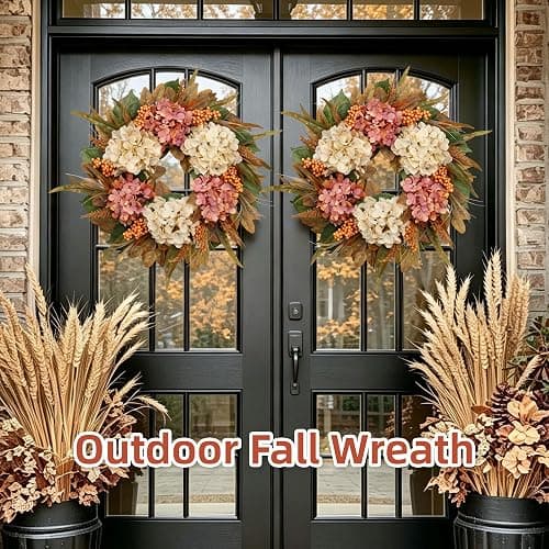 26" Autumn Fall Door Wreath with Hydrangea Berry Eucalyptus for Outdoor | Realistic Eucalyptus Leaves, Hydrangea Flowers, Berries and Hook for Farmhouse Fall Decorations; UV-resistant, Weatherproof thumbnail 4