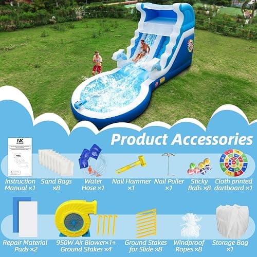 HXDOGSP Inflatable Water Slide Commercial Grade: 24FT(L) Water Bounce House for Adults & Teenagers - Big Pool, Premium PVC, Dolphin Style, Wet & Dry, 950W Blower - for Backyard Outdoor Birthday Party thumbnail 6