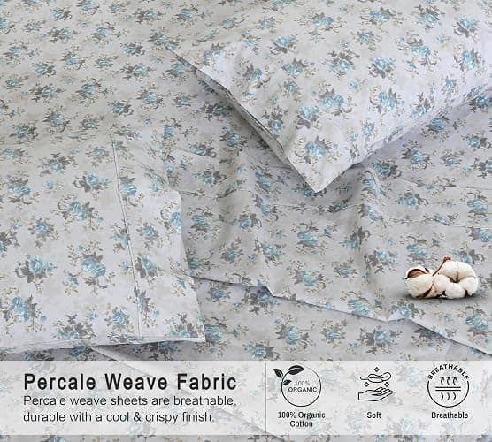 RUVANTI 100% Organic Cotton Sheets California King, Percale Weave, GOTS Certified, 4-Piece Set, Deep Pocket 13", Crisp & Breathable, Soft Durable Bedding, Sábanas Algodón Orgánico – Blue Rose thumbnail 4