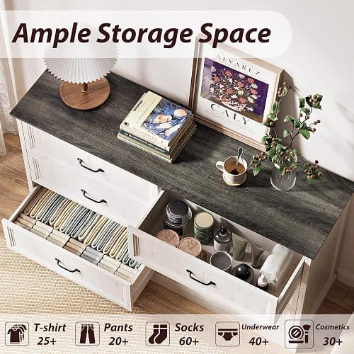 Tradare 3 Pcs Farmhouse Dresser and Nightstand Sets for Bedroom, 6 Drawer Dresser & Nightstand Set of 2, Rustic Wooden Chest of Drawers Wide Storage Organizer for Bedroom, White thumbnail 4