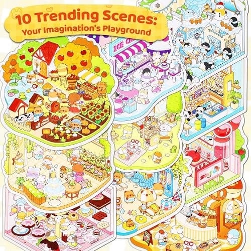QEF 10 Sets Upgraded 3D Sticker Scene Book, Side-by-Side Cute Kawaii Stickers with 2 Tweezers, DIY Miniature Scene Sticker Book for Kids and Adults, Creative Stress Relief Activity Gift thumbnail 3