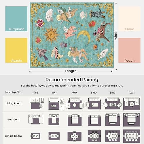 Kokia 8x10 Celestial Sun Moon Unique Fresh Turquoise Soft Washable Area Rug | Low Pile Non-Slip Carpet with Vintage Whimsical Boho Decorative Pattern; Cottagecore Style for Living Rooms or Large Bedrooms thumbnail 2