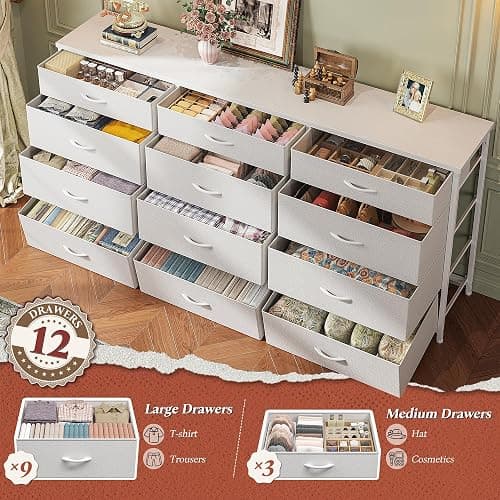Romorgniz 55" Long Dresser for Bedroom with 12 Fabric Drawers, Entertainment Center for 60 inch TV Dressers & Chests of Drawers Large Organizer, Living Room, Metal Frame, Wood Top, White thumbnail 4