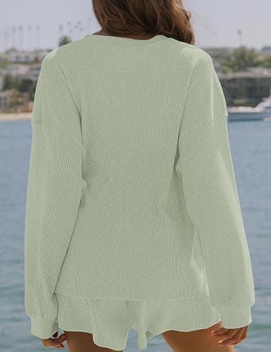 MISSACTIVER Waffle Knit Lounge Sets for Women Long Sleeve Oversized Sweatshirt Elastic Waist Shorts Fall 2 Piece Matching Set thumbnail 3