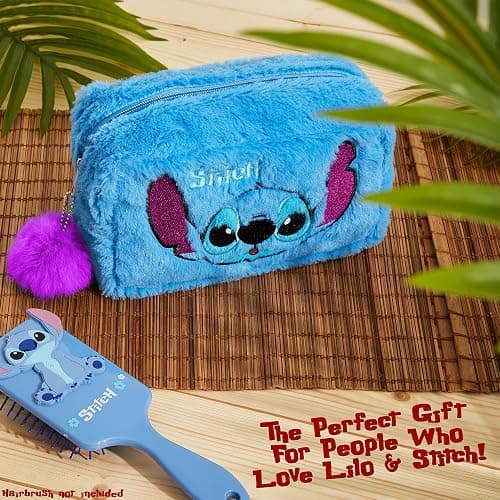 Disney Fluffy Stitch Makeup Bag for Girls, Teens, Cute Travel Toiletry Bag for Beauty Accessories, Zipped Make Up Cosmetics Storage, Gifts for Women (Blue Plush) thumbnail 5