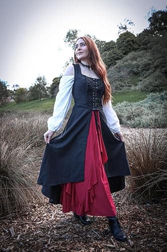 Scarlet Darkness Renaissnace Faire Costume Dress for Women Pirate Overdress | Pockets, Front lace-up, Underbust cut, for Peasant Gothic Witch Medieval Party thumbnail 7