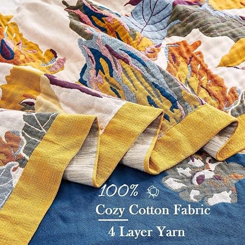 XIBLC Boho Throw Blanket, 100% Cotton Ultra Soft Luxury Throw Rustic Quilt, 60"x80" Floral Bird Butterfly Farmhouse Decor Bed Blankets, All Season Rustic Reversible Bohemian Throw for Bed - Yellow thumbnail 6