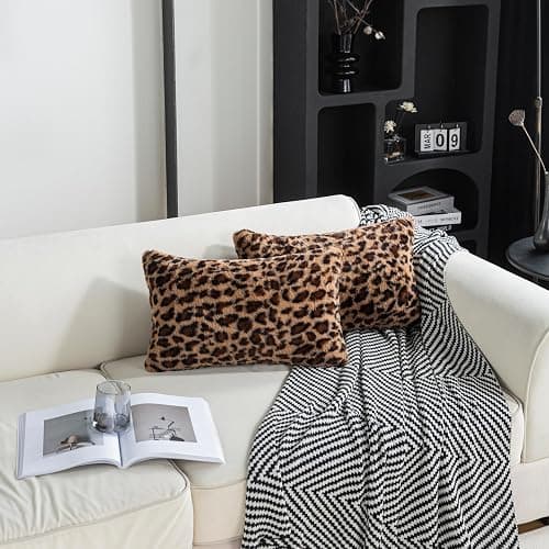 AGOKABA Leopard Print Faux Fur Throw Pillow Covers, 12x20 Inch, Set of 2, Soft Plush Animal Print Decorative Lumbar Cushion Cases for Sofa Bed Chair | Safari-Inspired Decor in Warm Terracotta Brown thumbnail 2