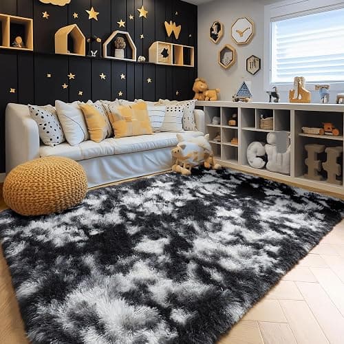 Amdrebio Black White Grey Rugs for Living Room Bedroom, 8x10 Large Fluffy Shaggy Furry Area Rug for Kids Room Dorm Home Office Apartment, Fuzzy Shag Plush Floor Modern Cool Carpet for Men Teen Boys thumbnail 6
