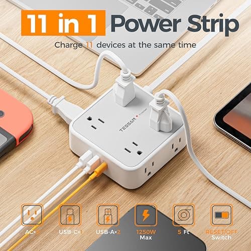 TESSAN Surge Protector Power Strip, 5 Ft Flat Plug Extension Cord with 3 USB (1 USB C) 8 Outlets, 1250W, 900J Protection, 3 Sided Outlet Extender with Power Switch for Office, Dorm Room Essentials thumbnail 2