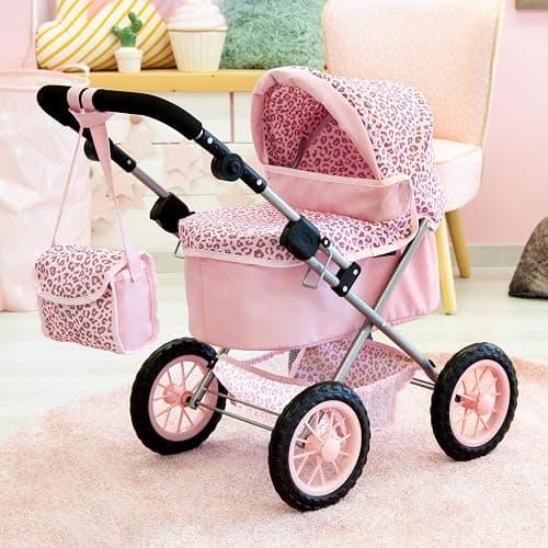 Bayer Trendy Doll Pram, Pink Animal Stroller for Dolls up to 18 in | Foldable carriage with adjustable 15-26 inch handle, matching shoulder bag, shopping basket, and protective canopy thumbnail 5