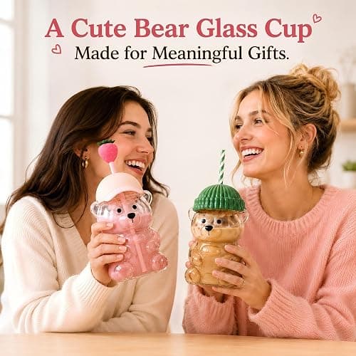 SummerWins Glass Bear Cup With Straw, Leak Lid & 2 Hats for Coffee & Shakes | Cute Bear Cup With Straw, 20 oz Clear Glass Cup With Secure Lid & 2 Replaceable Hats for Gifts, Parties & Daily Use thumbnail 7