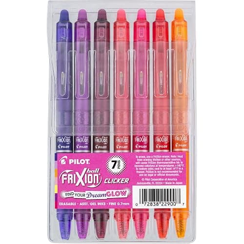 PILOT FriXion Vibe Clicker Erasable Gel Pens, DreamGlow, 0.7mm, 7-Pack | Find your DreamGlow vibe, erasable colored pens 0.7, pink & purple inks, retractable, refillable, quick drying, journal pens - Image 1