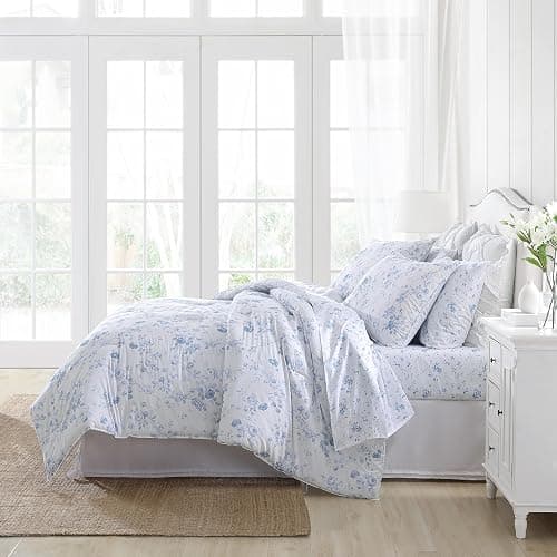 Laura Ashley - Queen Comforter Set, Soft Cotton Bedding with a Medium Weight for Year Round Use, Reversible 3 Piece Bed Set with Matching Pillowcases (Belinda Chambray Blue) thumbnail 2