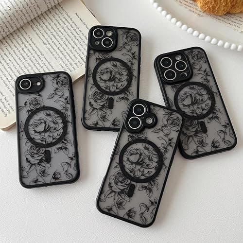 XIZYO Magnetic Case for iPhone 13, Floral Flower Cute Aesthetic Case [Compatible with Magsafe] for Women Girls Rose Pattern Slim TPU Bumper Shockproof Protective Cover, Branch Rose/Black thumbnail 3