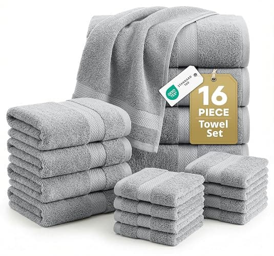 100% Cotton Bath Towels Set Soft Absorbent Quick Dry 16 Piece - Grey | Towels for the Bath, Absorbent & Durable, Ring-Spun, Ideal for Home & Spa, with OEKO-TEX - Image 1
