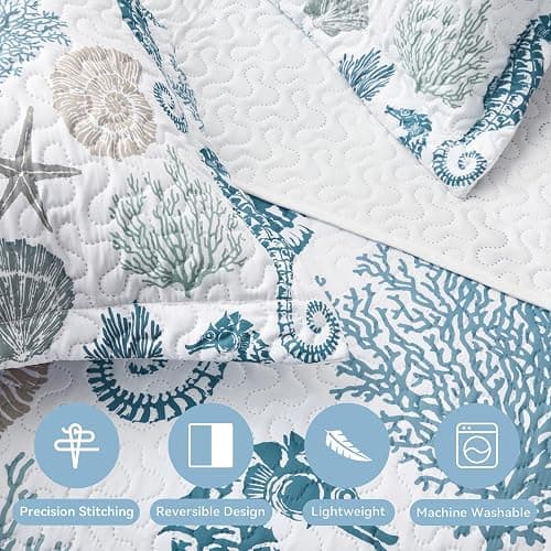 weesire Coastal Bedding Queen Size Coastal Quilt with 2 Shams, Nautical Beach Comforter Sets Ocean Bedspreads Blue Seahorse Coverlet Summer Bedding, 90''x96'' thumbnail 6