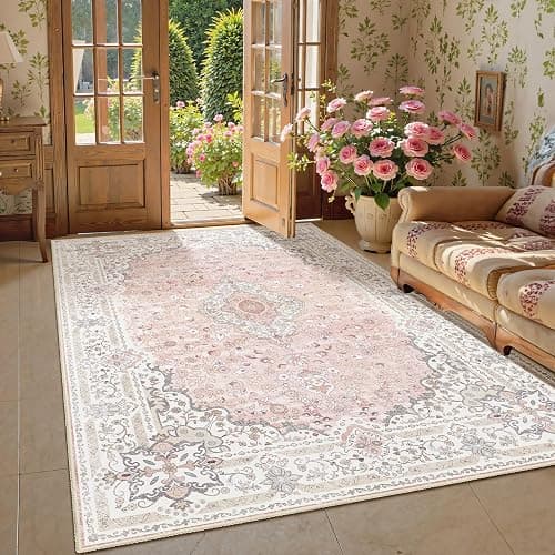 Brakki Pink Rug 3x5 for Bedroom, Washable Area Rug for Living Room Dining Room Entryway, Non Slip Vintage Boho Rug for Kitchen, Soft Low Pile Stain Resistant Floor Carpet Indoor thumbnail 3