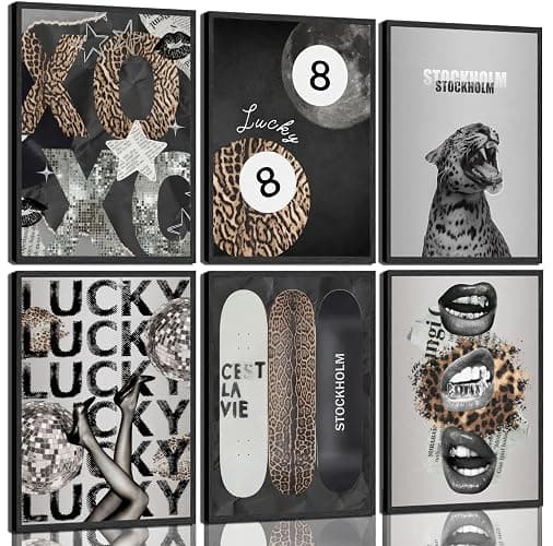 6Pcs Trendy Leopard Wall Art Stockholm Style Posters Prints Funky Cheetah Canvas Wall Decor Lucky 8 Ball Painting Pictures for Girls Bedroom Apartment Dorm Unframed - Image 1