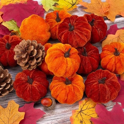 VGIA 12 Pcs Artificial Pumpkins Orange Velvet Pumpkins Fall Decorations Holiday Farmhouse Decorations Thanksgiving Decorations for Home and Tabletop thumbnail 5