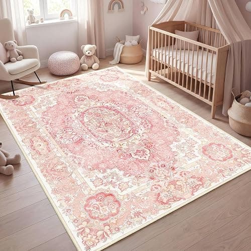 Castage Boho Washable Area Rug 3x5, Vintage Floral Low Pile Non Slip Rug for Bedroom Living Room Entryway, Soft Farmhouse Decorative Carpet,Blush Pink thumbnail 3