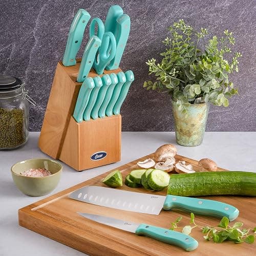 Oster Evansville 14 Piece Stainless Steel Cutting Kitchen Knife Cutlery Set with Wooden Block Holder and Knife Sharpener, Turquoise thumbnail 2