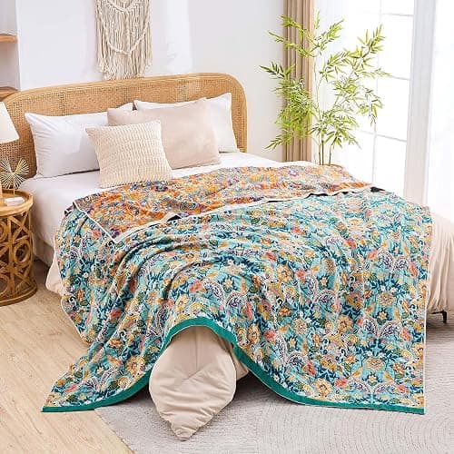 XIBLC Boho Blanket Throw Quilt, 100% Cotton Soft Light Weight Throw Blankets for Summer, 50"x60" Farmhouse Flower Decorative Blankets, All Season Rustic Reversible Bohemian Throw Quilt thumbnail 6