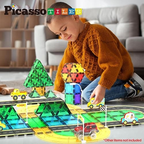PicassoTiles Magnet Tile Car Track Adventure Theme Printed Street Road Runway Speedway Highway Magnetic Building Tiles Block Construction Pretend Play Playset STEM Education Learning Kit Kids 3+ PTE16 thumbnail 5